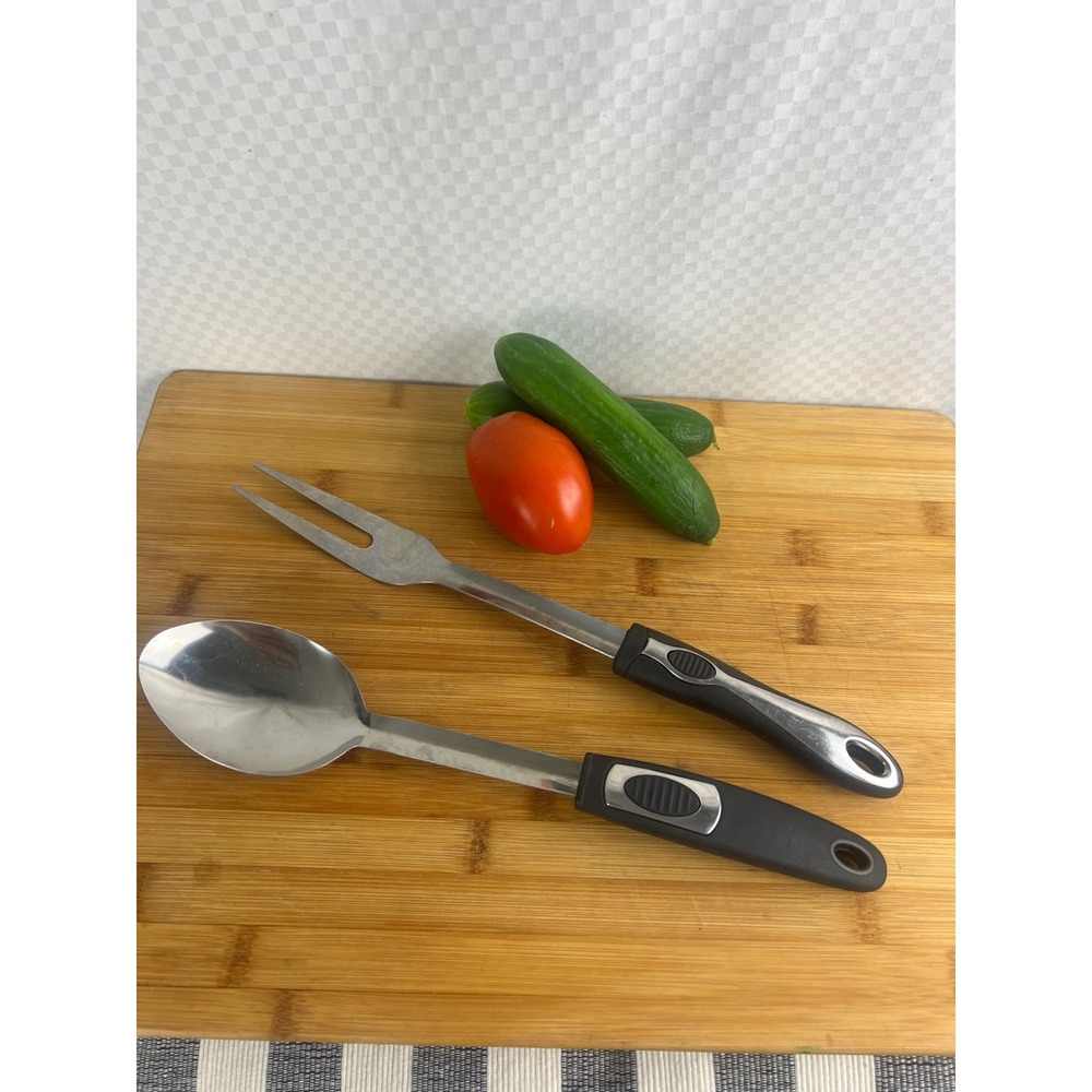 Stainless Steel Serving Set Large Spoon and Meat Fork Black Ergonomic Handles